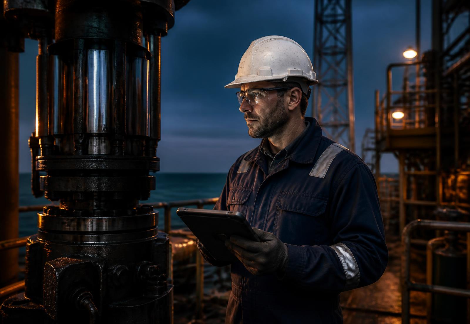 Inspection engineer recording equipment condition on a rugged tablet beside drilling machinery